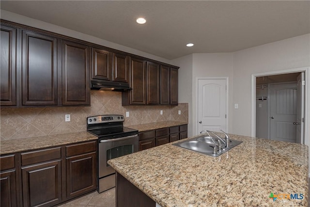 253 Flushing, New Braunfels, TX 78130 - kitchen featuring stainless steel electric stove, tasteful backsplash, dark brown cabinets, under cabinet range hood, and a sink