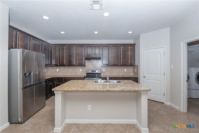 253 Flushing, New Braunfels, TX 78130 - kitchen with dark brown cabinets, visible vents, appliances with stainless steel finishes, under cabinet range hood, and a sink