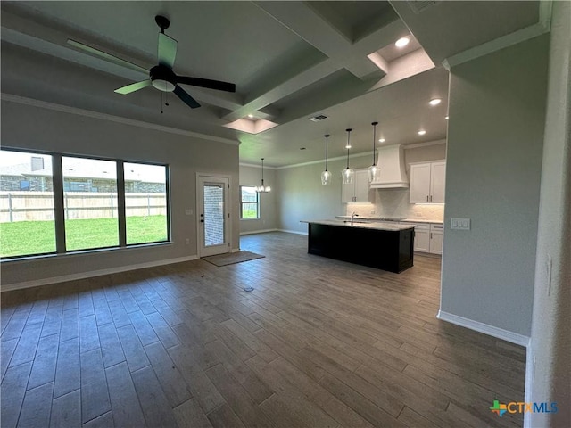 2032 Yarrow Rd, Temple, TX 76502 - kitchen with open floor plan, custom exhaust hood, dark wood-style flooring, white cabinets, and light countertops