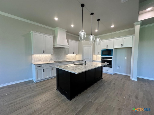 2032 Yarrow Rd, Temple, TX 76502 - kitchen with custom range hood, black appliances, white cabinetry, tasteful backsplash, and ornamental molding