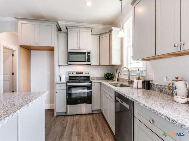 175 Lost Maples Way, Marion, TX 78124 - kitchen with stainless steel appliances, gray cabinets, dark wood-style flooring, light stone counters, and crown molding