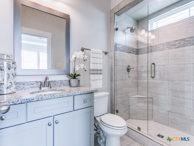 bathroom with vanity, toilet, and walk in shower