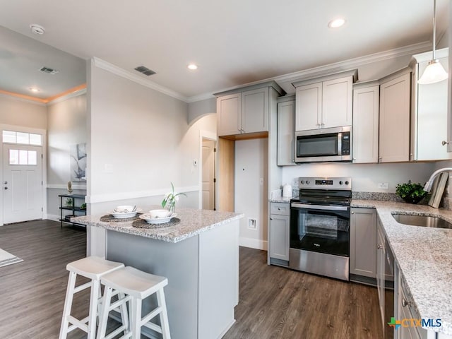 kitchen featuring sink, light stone counters, dark hardwood / wood-style floors, pendant lighting, and appliances with stainless steel finishes