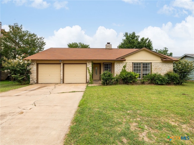 1304 Wroxton Way, Round Rock, TX 78664 - ranch-style home with stone siding, a garage, a chimney, driveway, and a front yard