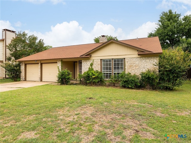 1304 Wroxton Way, Round Rock, TX 78664 - single story home featuring concrete driveway, a garage, stone siding, and a chimney