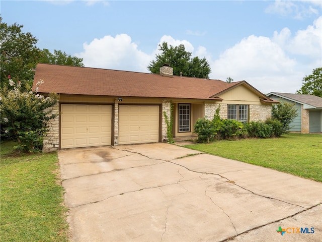 1304 Wroxton Way, Round Rock, TX 78664 - view of front facade with an attached garage, concrete driveway, a front yard, and a chimney