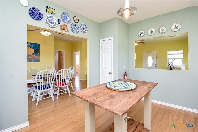 dining room with ceiling fan and light hardwood / wood-style flooring