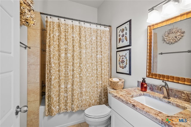 full bathroom featuring toilet, vanity, shower / bath combination with curtain, and tile patterned flooring