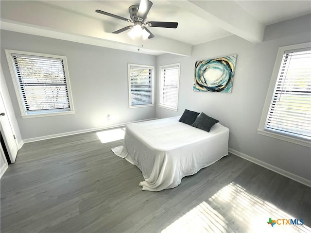 bedroom with beam ceiling, multiple windows, baseboards, and wood finished floors