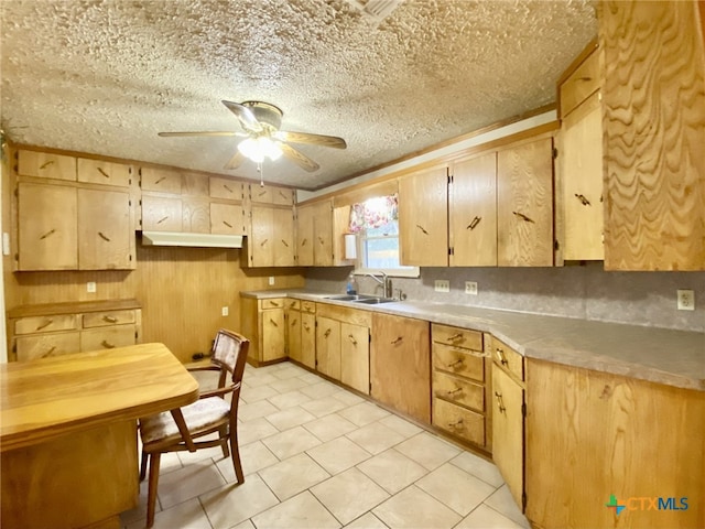 kitchen with ceiling fan, a textured ceiling, a sink, and light brown cabinets