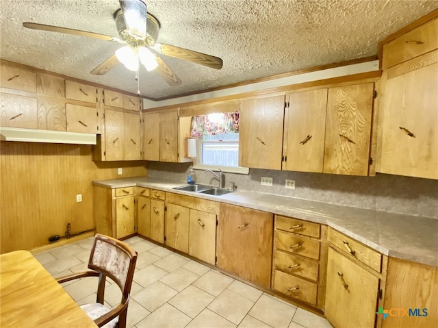 kitchen with a textured ceiling, light countertops, a sink, and a ceiling fan