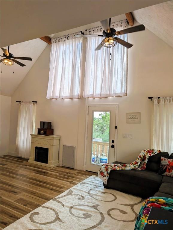 127 Forest Mist, Canyon Lake, TX 78133 - bedroom with a fireplace, wood finished floors, high vaulted ceiling, and access to exterior
