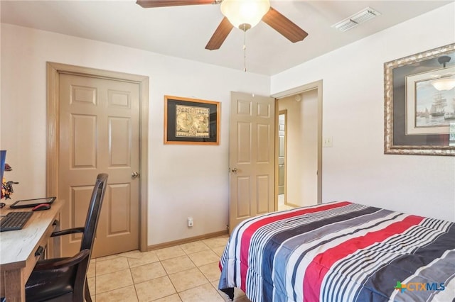 103 Misty Bnd, Floresville, TX 78114 - bedroom featuring light tile patterned floors, visible vents, and a ceiling fan