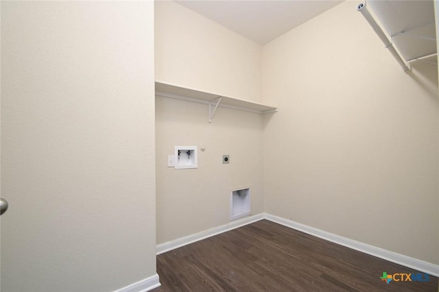 clothes washing area with washer hookup, electric dryer hookup, and dark wood-type flooring