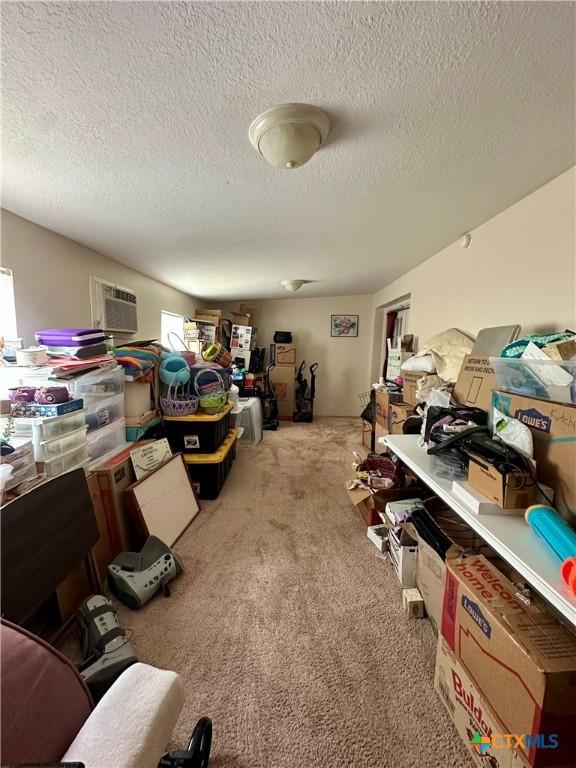 interior space with a textured ceiling and carpet flooring