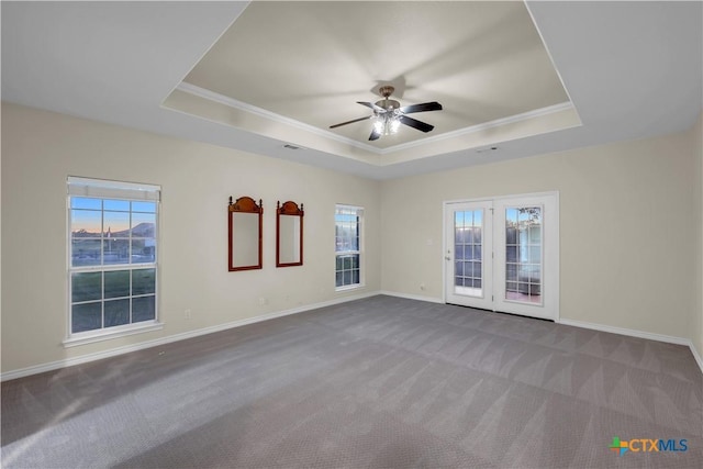 empty room featuring a tray ceiling, ceiling fan, and carpet