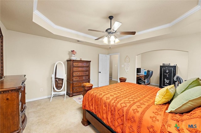 2006 Jesse Dr, Copperas Cove, TX 76522 - bedroom with ornamental molding, a tray ceiling, light colored carpet, and visible vents