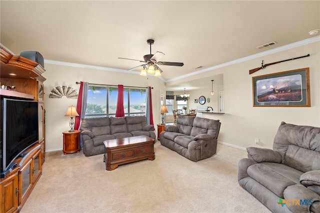 2006 Jesse Dr, Copperas Cove, TX 76522 - living room with carpet floors, ornamental molding, ceiling fan with notable chandelier, and visible vents