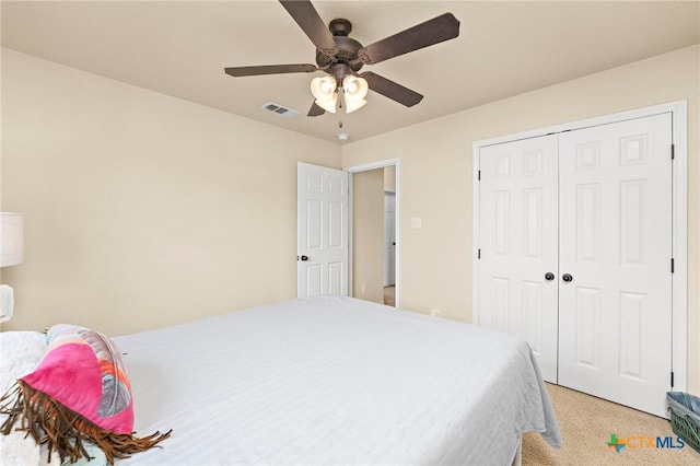 2006 Jesse Dr, Copperas Cove, TX 76522 - bedroom with visible vents, ceiling fan, a closet, and light colored carpet