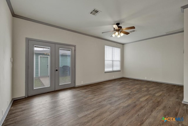 unfurnished room featuring french doors, ceiling fan, ornamental molding, and dark hardwood / wood-style floors