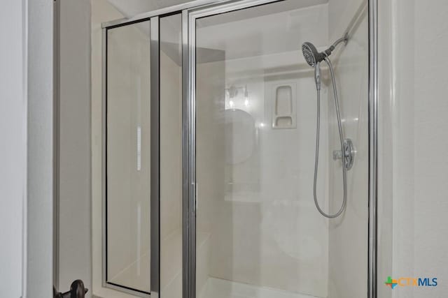 bathroom with a shower with shower door