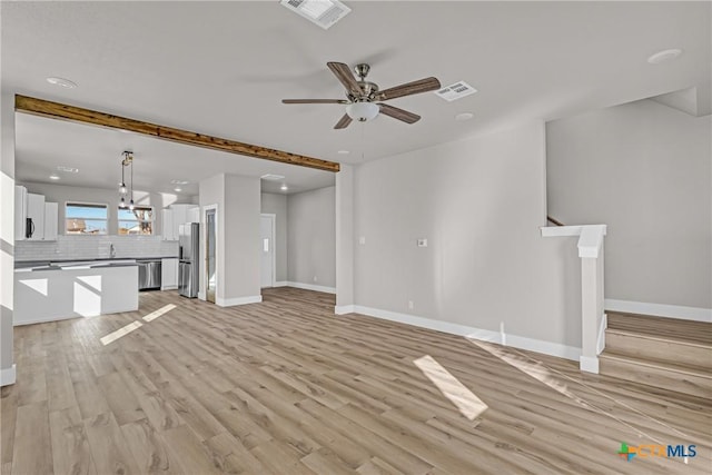 unfurnished living room featuring light wood-type flooring and ceiling fan