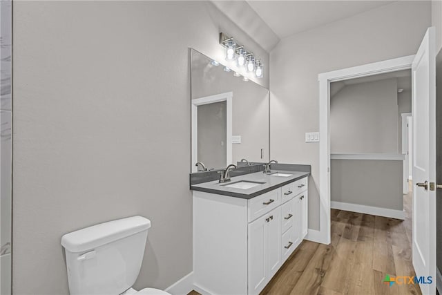 bathroom featuring toilet, vanity, and hardwood / wood-style flooring