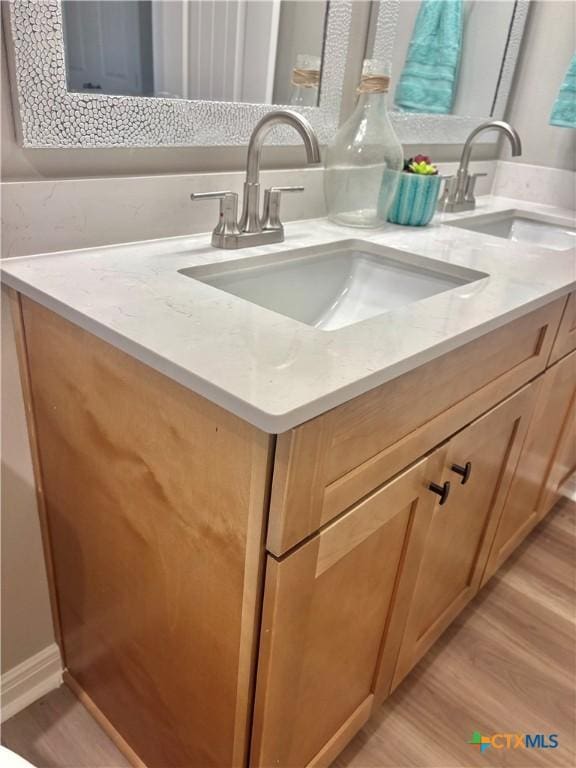 room details featuring double vanity, baseboards, a sink, and wood finished floors