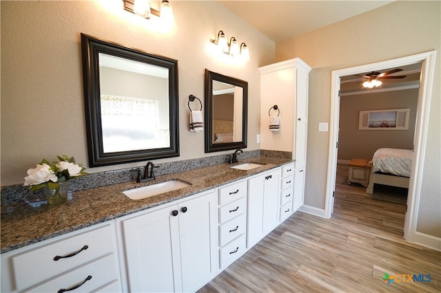 bathroom featuring a sink, baseboards, wood finished floors, and double vanity