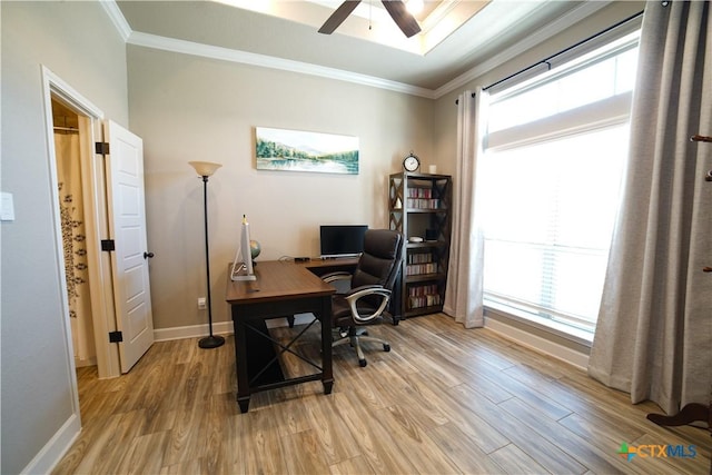 office space featuring baseboards, wood finished floors, a ceiling fan, and crown molding