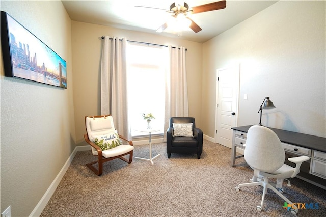 home office with carpet flooring, baseboards, and a ceiling fan