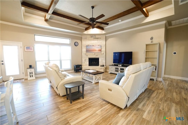 living room featuring light wood finished floors, plenty of natural light, a fireplace, and ceiling fan