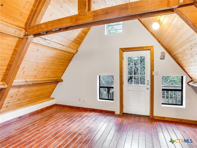 additional living space featuring lofted ceiling with beams and wooden ceiling