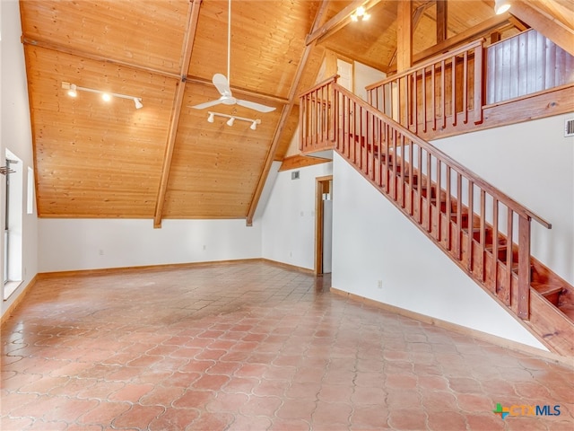 unfurnished living room with high vaulted ceiling, ceiling fan, beam ceiling, and wooden ceiling