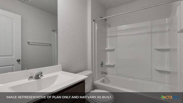 full bathroom with vanity, bathtub / shower combination, and toilet