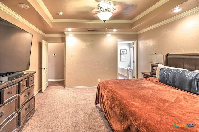 4813 Sapphire Dr, Killeen, TX 76542 - bedroom with a tray ceiling, light colored carpet, crown molding, a textured wall, and baseboards