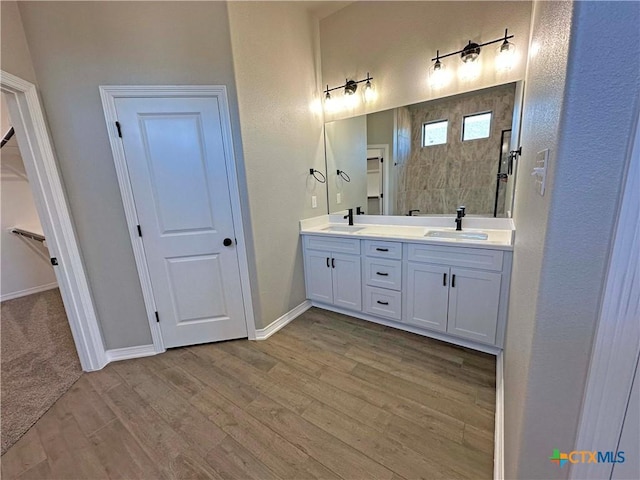 bathroom with hardwood / wood-style floors and vanity