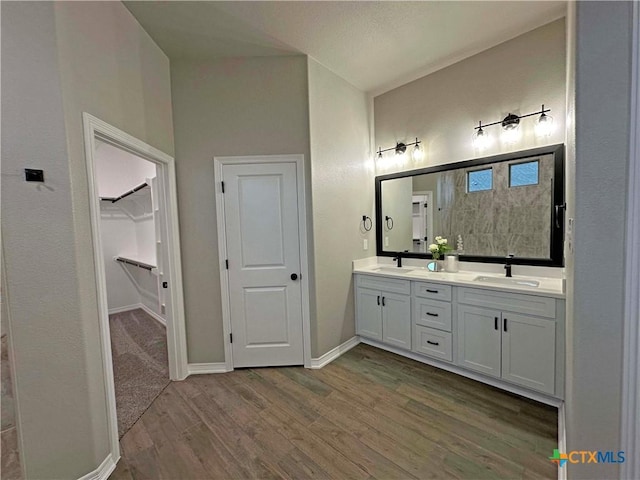 bathroom featuring hardwood / wood-style flooring and vanity