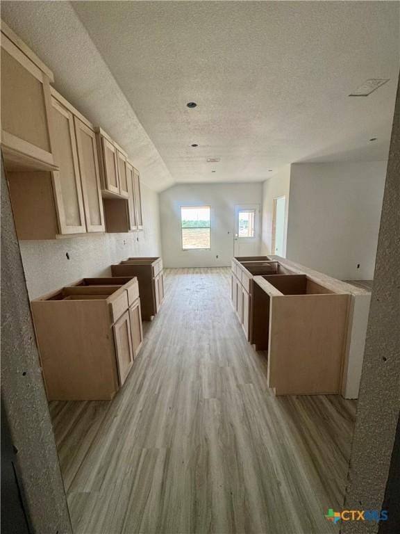 kitchen with a textured ceiling, a sink, light wood-style flooring, and lofted ceiling