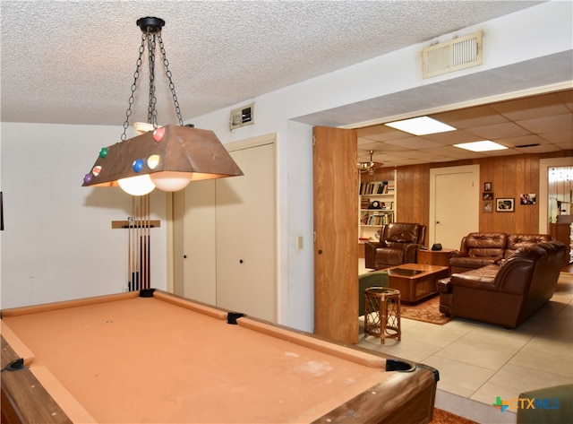 game room featuring pool table, tile patterned flooring, a paneled ceiling, and ceiling fan