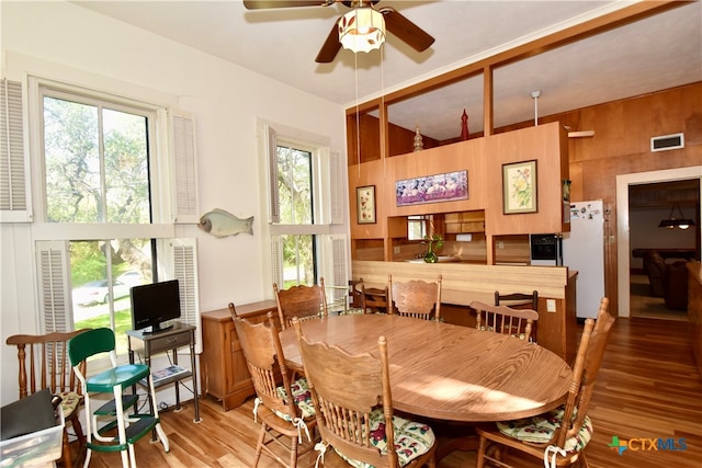 dining room with light hardwood / wood-style floors, wooden walls, and a healthy amount of sunlight