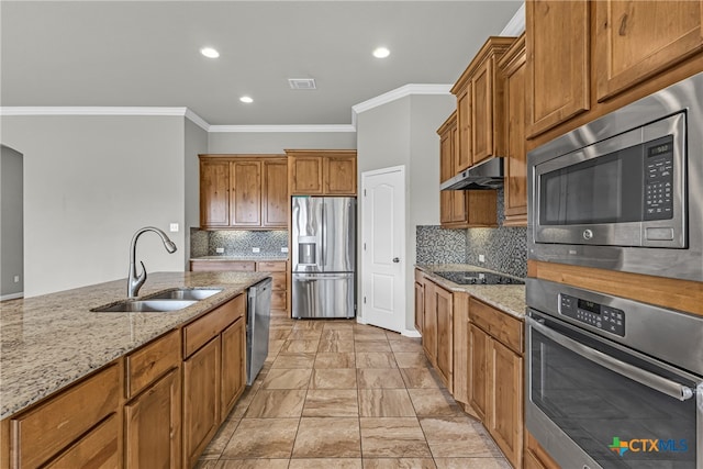 kitchen with backsplash, appliances with stainless steel finishes, sink, and ornamental molding