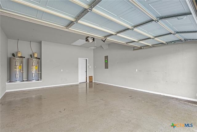 garage with electric water heater, electric panel, and a garage door opener