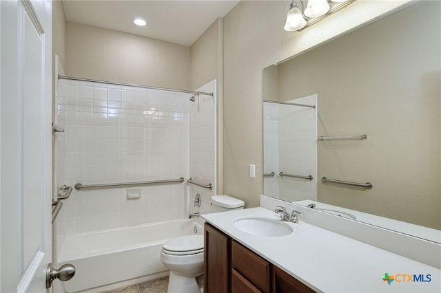 full bathroom featuring shower / tub combination, tile patterned flooring, vanity, and toilet