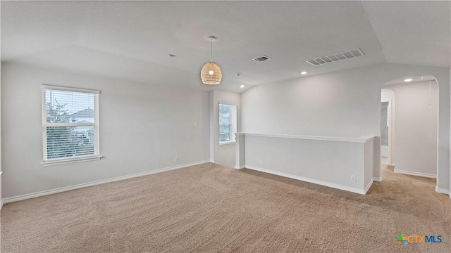 empty room with a healthy amount of sunlight, light colored carpet, and vaulted ceiling