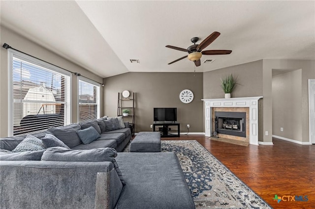103 Lone Shadow Dr, Harker Heights, TX 76548 - living room with wood finished floors, a ceiling fan, lofted ceiling, and a fireplace