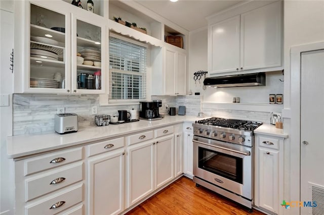 406 S Liberty St, Victoria, TX 77901 - kitchen with tasteful backsplash, glass insert cabinets, under cabinet range hood, white cabinetry, and high end stainless steel range
