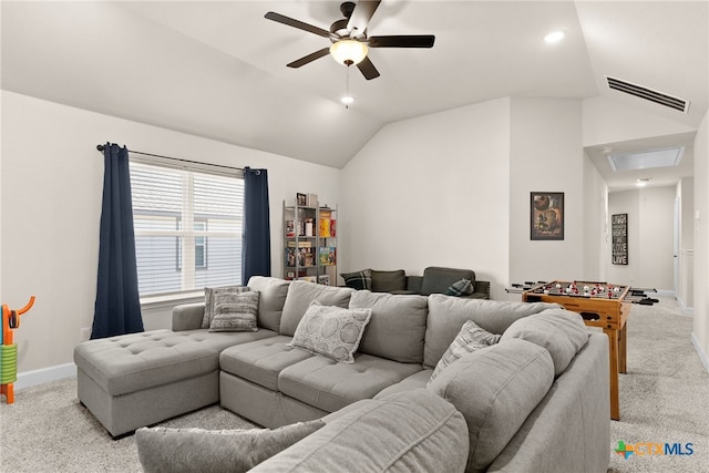 5712 Red Fish Ct, Belton, TX 76513 - living room with a ceiling fan, light carpet, vaulted ceiling, attic access, and baseboards