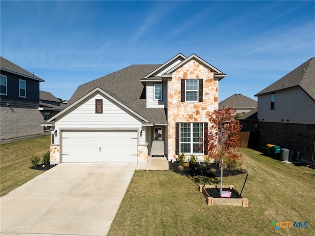 5712 Red Fish Ct, Belton, TX 76513 - traditional-style home featuring stone siding, an attached garage, concrete driveway, central AC unit, and roof with shingles