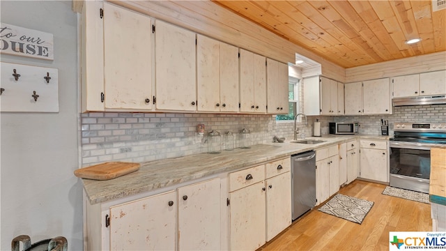 kitchen with light hardwood / wood-style floors, sink, tasteful backsplash, wooden ceiling, and appliances with stainless steel finishes